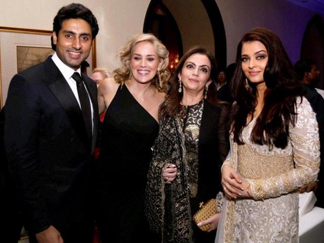 Bollywood, Hollywood and business joined hands for amfAR, The Foundation for AIDS Research. (L-R) Abhishek Bachchan, Sharon Stone, Nita Ambani and Aishwarya Rai Bachchan.