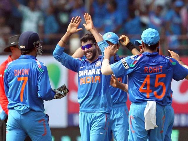Ravindra Jadeja celebrates the wicket of Jonathan Charles of West Indies during the 1st ODI match at Jawaharlal Nehru Stadium in Kochi. (PTI photo)