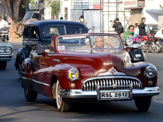 A 1947 Buick Eight car driven by Subodh Nath is pictured during the Vintage Car Rally in Ahmedabad. (AFP Photo)