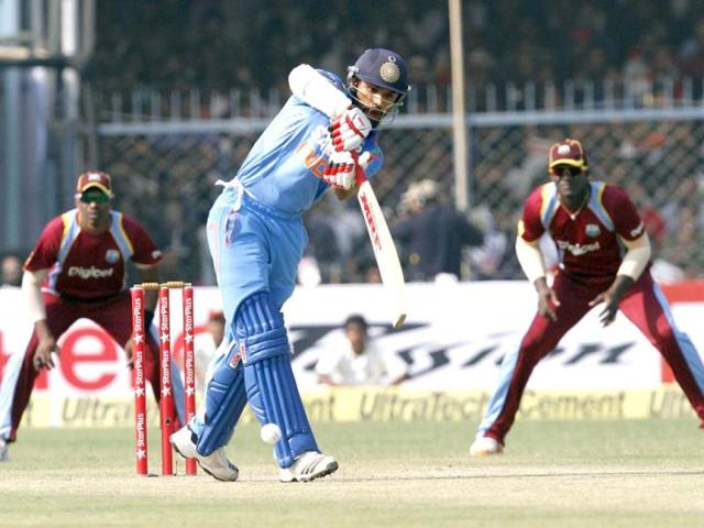 Shikhar Dhawan in action against West Indies during the 3rd ODI India at Green Park Stadium in Kanpur. (Virendra Singh Gosain/HT Photo)