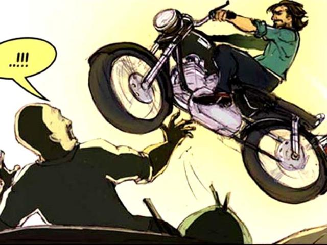 What a jump! Bullett Raja reaches the other side of the river.
