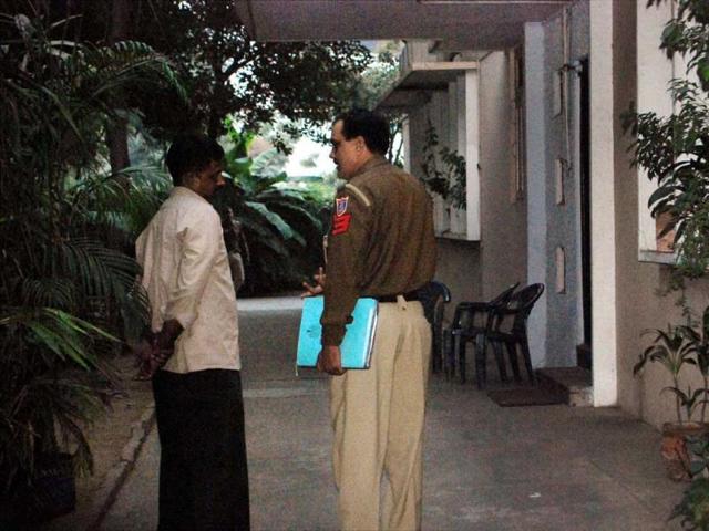 Cops at the residence of Tarun Tejpal, the founder-editor of Tehelka magazine in New Delhi. (PTI photo)
