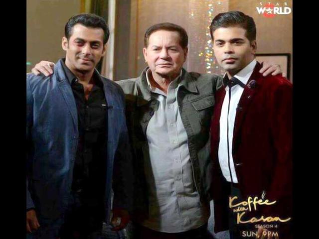 Salman Khan and dad Salim Khan pose with Karan Johar on the sets of the filmmaker's talk show Koffee with Karan. Salman will be seen on the opening episode of this season that starts on December 1. Take a look at the guests lined for this season.