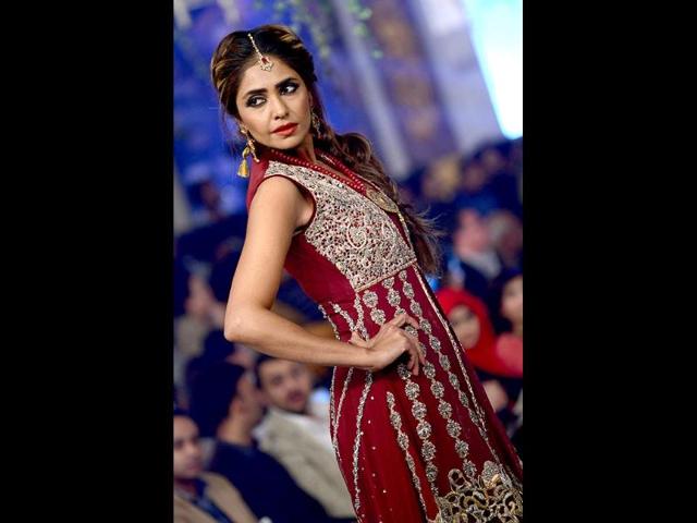Model showcases a creation by designer Rani Emaan Khan. (AFP Photo)