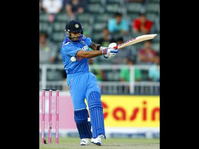 Virat Kohli plays to the slips during the 1st ODI against South Africa at the Wanderers stadium in Johannesburg. (Reuters)