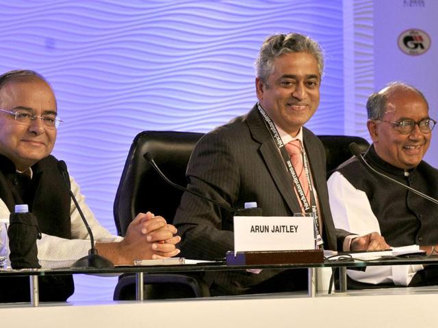 Congress-leader-Digvijaya-Singh-and-Bharatiya-Janta-Party-leader-Arun-Jaitley-at-a-session-A-Vision-for-India-chaired-by-Rajdeep-Sardesai-during-the-Hindustan-Times-Leadership-Summit-in-New-Delhi-Mohd-Zakir-HT Congress-leader-Digvijaya-Singh-and-Bharatiya-Janta-Party-leader-Arun-Jaitley-at-a-session-A-Vision-for-India-chaired-by-Rajdeep-Sardesai-during-the-Hindustan-Times-Leadership-Summit-in-New-Delhi-Mohd-Zakir-HT
