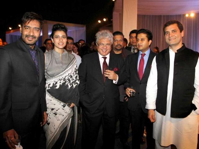 Congress vice-president Rahul Gandhi, Congress leader and union minister Jyotiraditya Scindia, adman Suhel Seth, actors Kajol and Ajay Devgn attend the Hindustan Times Leadership Summit 2013 (HTLS) party in New Delhi. (Sanjeev Verma/ HT Photo)