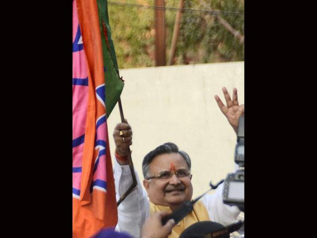Chhattisgarh CM Raman Singh flashes hat-trick sign in Raipur. (PTI)