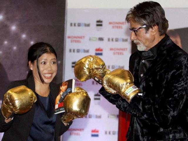 Amitabh Bachchan not only launched Olympic champion boxer Mary Kom's autobiography Unbreakable the other day, he also took some boxing lessons from her. Check out the pics.