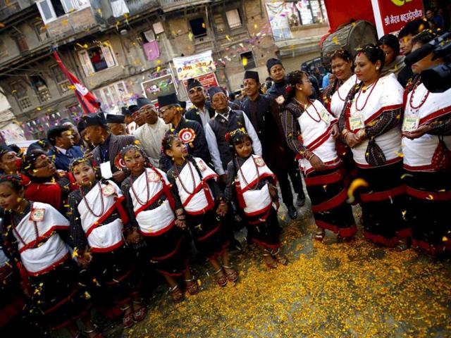 Participants from the Newar community, dressed in traditional attire, take part in a parade to celebrate the Yamari Puni festival. (Reuters Photo)