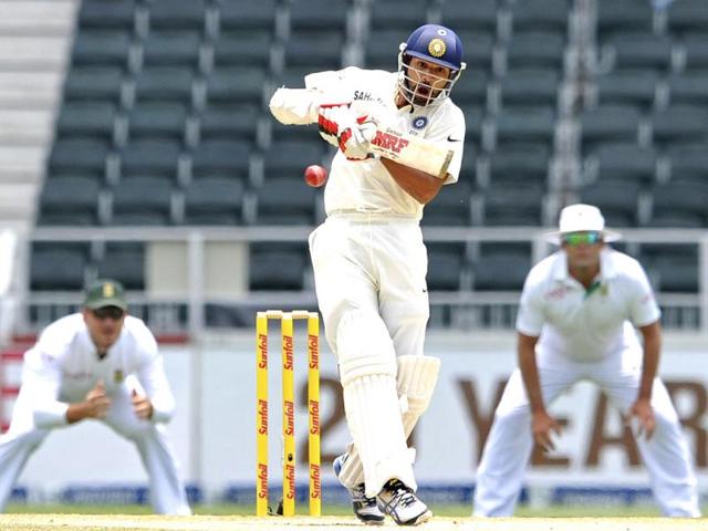 Shikhar Dhawan plays a delivery from South Africa's Vernon Philander during the third day of the first Test in Johannesburg. (Reuters Photo)