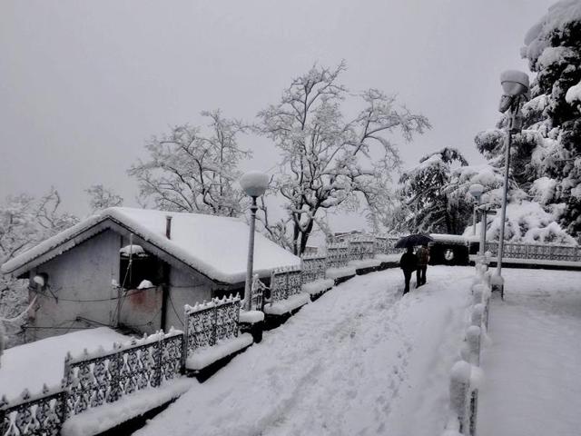People walk down a road at Ridge in Shimla. (Santosh Rawat/HT Photo)