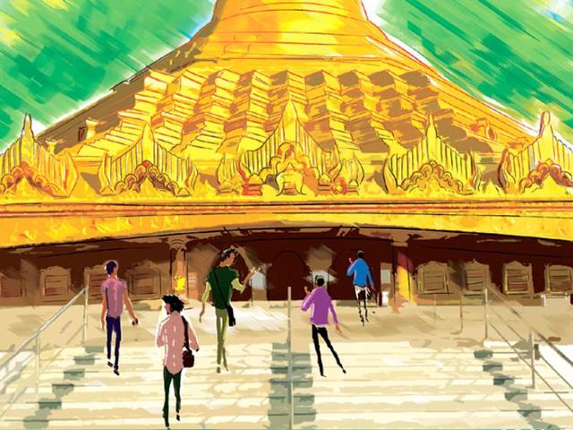 At Bhayandar station, get off on the west side and catch MBMT Bus no 4 to Gorai to reach the Global Vipassana Pagoda. At Bhayandar station, get off on the west side and catch MBMT Bus no 4 to Gorai to reach the Global Vipassana Pagoda.