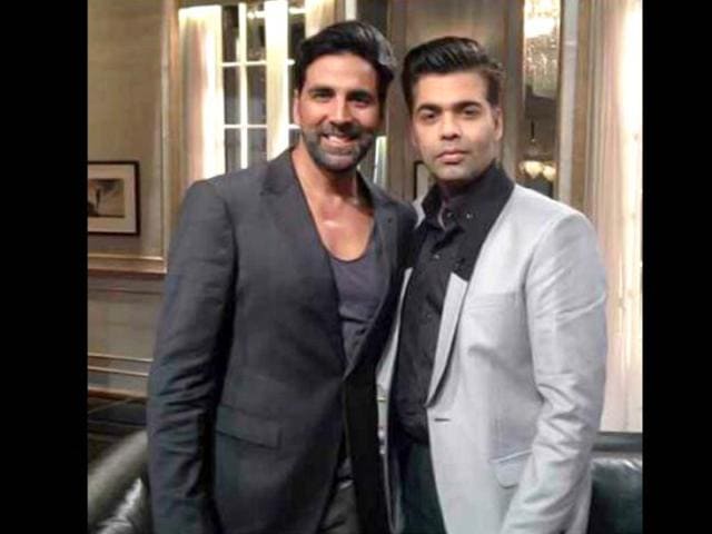 Akshay Kumar poses with Karan Johar on the sets of his talk show Koffee with Karan.