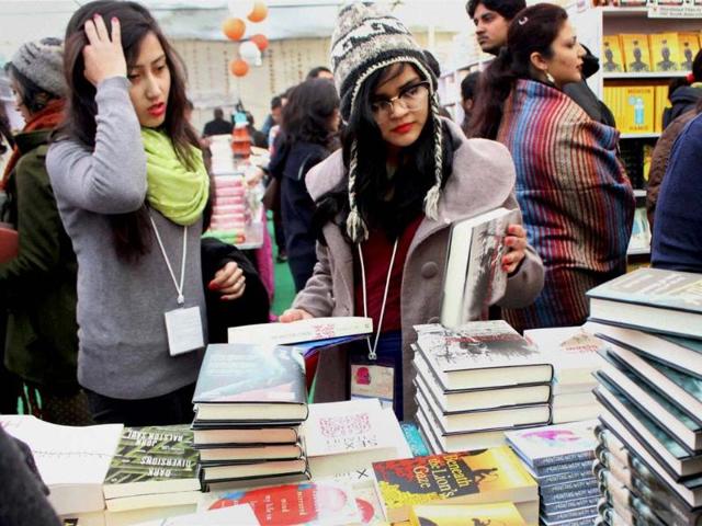 Visitors browsing through books during the ongoing JLF.