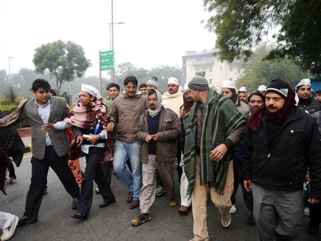 Delhi CM Kejriwal during the 2nd day protest against police near Rail Bhavan in New Delhi. (PTI photo)