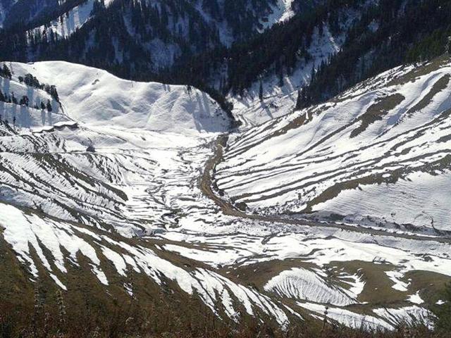 A view of snow after heavy snowfall in the Bhaderwah district of Jammu and Kashmir. (PTI Photo)