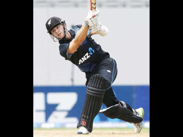 New Zealand's Kane Willamson hits a six during the third ODI against India at Eden Park in Auckland. (AFP Photo)