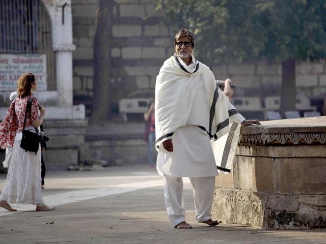 Amitabh Bachchan stands during the shoot for Gujarat tourism promotions at Sarkhej Roja, Ahmedabad. (AP Photo)