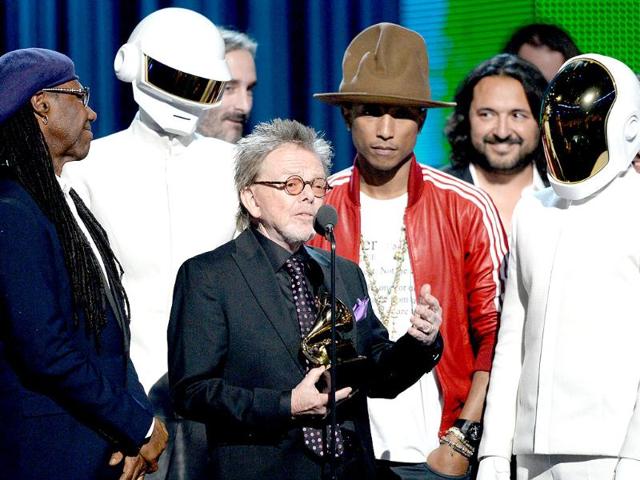 It was French recording duo Daft Punk's big night. Musicians Nile Rodgers, Thomas Bangalter of Daft Punk, Paul Williams, Pharrell Williams, and Guy-Manuel De Homem-Christo of Daft Punk accept the Album of the Year award. The duo won five awards in all.