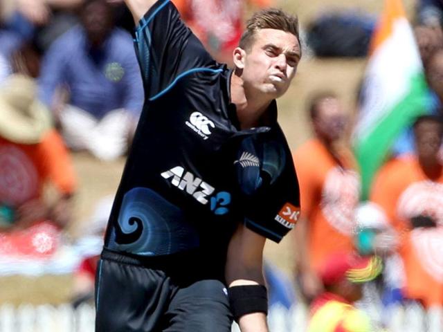 Tim Southee of New Zealand bowls during the fourth ODI against India at Seddon Park in Hamilton. (AFP Photo)