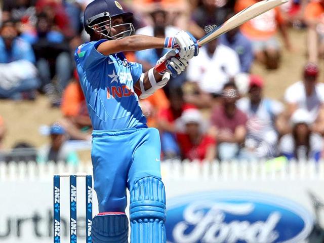 Ajinkya Rahane bats during the fourth ODI against New Zealand at Seddon Park in Hamilton. (AFP Photo)