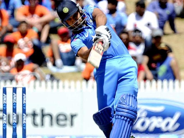 Rohit Sharma hits a six against New Zealand in the fourth ODI at Seddon Park in Hamilton. (AP Photo)