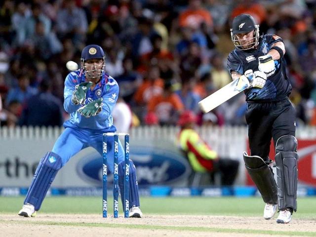 Ross Taylor of New Zealand celebrates his 100 runs during the fourth ODI against India at Seddon Park in Hamilton. (AFP Photo)