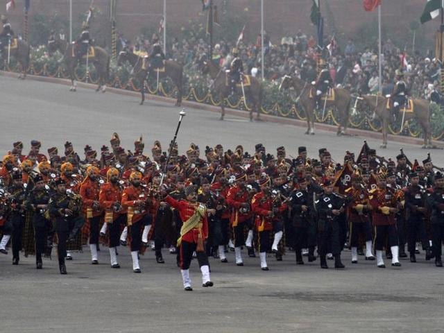 Marching bands from the Indian Army, Navy and Air Force march during the 'Beating the Retreat' ceremony at Vijay Chowk in New Delhi. The ceremony is a culmination of Republic Day celebrations. Virendra Singh Gosain/HT Photo