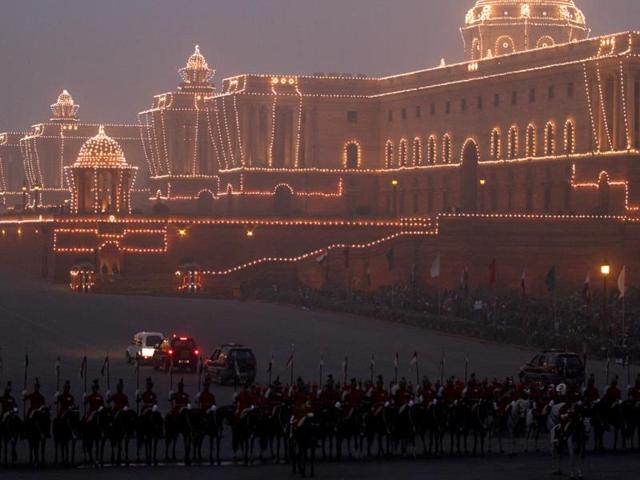 The illuminated Raisina Hill, which houses the presidential palace, after the 'Beating the Retreat' ceremony in New Delhi. The ceremony marks the end of Republic Day celebrations. Virendra Singh Gosain/HT Photo