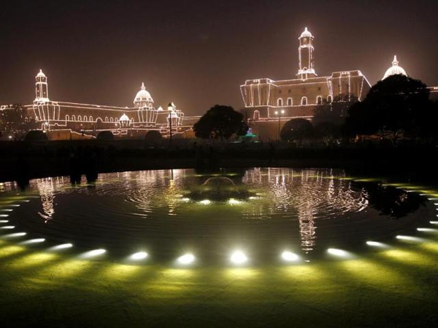 The Raisina Hill is illuminated during the 'Beating the Retreat' ceremony in New Delhi on Wednesday. The ceremony symbolises retreat after a day on the battlefield, and marks the official end of the Republic Day celebrations. Virendra Singh Gosain/HT Photo