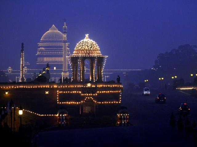 The Rashrtrapati Bhavan is illuminated during the 'Beating the Retreat' ceremony at Vijay Chowk in New Delhi on Wednesday. The ceremony symbolises retreat after a day on the battlefield, and marks the official end of the Republic Day celebrations. Ajay Aggarwal/HT Photo