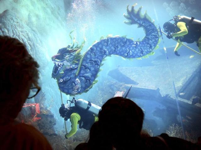 Divers carry a man-made dragon, as part of Chinese New Year dragon blessings to wish all their guests boundless energy in the Year of the Horse. (AP photo) Divers carry a man-made dragon, as part of Chinese New Year dragon blessings to wish all their guests boundless energy in the Year of the Horse. (AP photo)