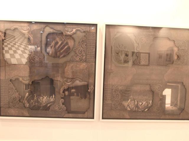 Nostalgia by artist Dilip Chobisa made with graphite on paper, digital print on canvas, silk screen, thread, mixed media, painted wooden frame and acrylic glass.