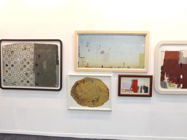 Artworks titled, Sky, Road, Over, Pebble and Greyed by artist Mekhala Bahl at Gallery Espace's booth.