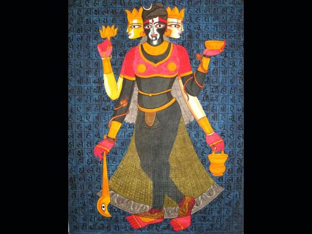 Delhi's Gallerie Ganesha believes in reinventing and redefining tradition. Devi by artist Neelkant Choudhary brings the Mithila-Madhubani art form along with modern metaphors.