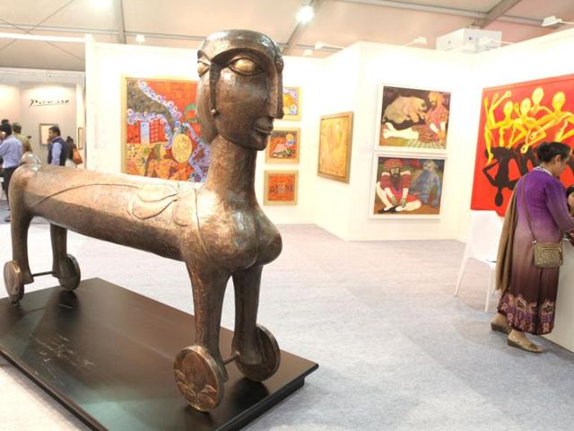 Titled Wheeling the World, this bronze culpture by artist Paresh Maity at Gallerie Nvya's booth, is impressive.