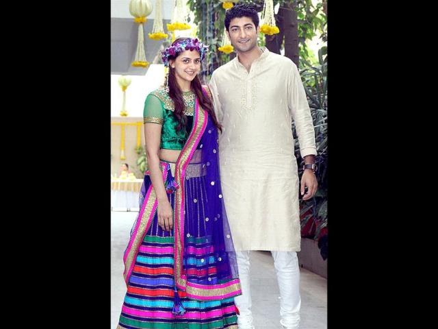 Hema Malini's younger daughter Ahana Deol with fiance Vaibhav Arora at the mehendi function in Mumbai on Friday. (PTI Photo) Hema Malini's younger daughter Ahana Deol with fiance Vaibhav Arora at the mehendi function in Mumbai on Friday. (PTI Photo)