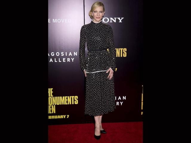 Cate Blanchett arrives for the premiere of her movie The Monuments Men in New York. The film has been directed by George Clooney.
