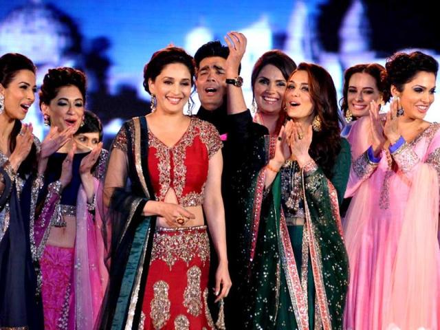 Bollywood actresses Madhuri Dixit Nene, Preity Zinta, Lara Dutta, Malaika Arora Khan and Isha Koppikar pose on the ramp for ‘Save & Empower the Girl Child’ in Mumbai on Wednesday. (PTI)