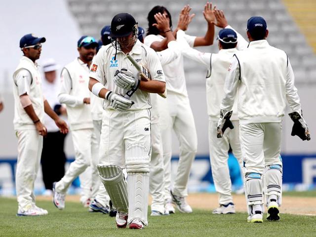 Corey Anderson of New Zealand is dismissed for 77 runs during day two of the first Test against India at Eden Park in Auckland. (AFP Photo)