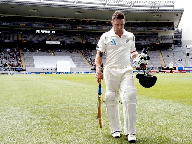 New Zealand's Brendon McCullum leaves the field after scoring 224 runs on day two of the first Test against India at Eden Park in Auckland. (Reuters Photo)