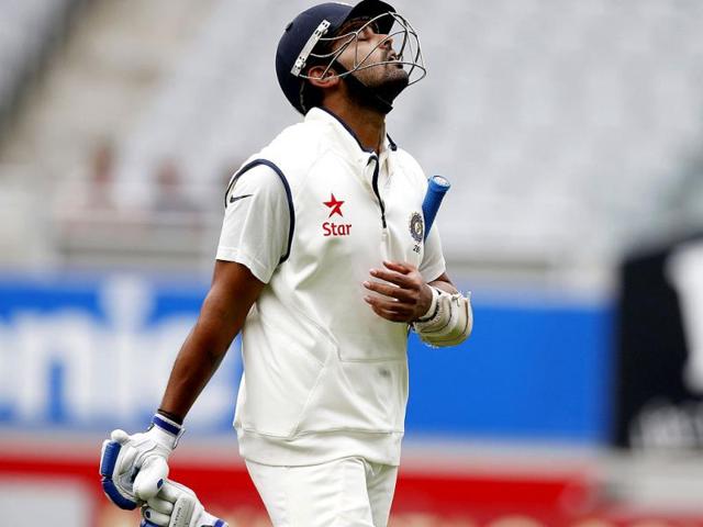 Murali Vijay reacts after being bowled out by New Zealand's Neil Wagner on day two of the first Test against New Zealand at Eden Park in Auckland. (Reuters Photo)