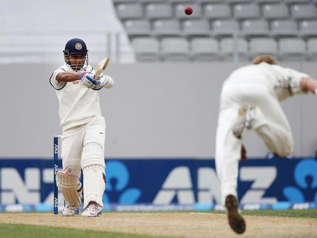 Ajinkya Rahane hits a ball from New Zealand's Neil Wagner on day two of the first Test against New Zealand at Eden Park in Auckland. (Reuters Photo)