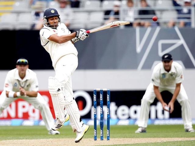 Rohit Sharma hits a ball for four on day two of the first Test against New Zealand at Eden Park in Auckland. (Reuters Photo)