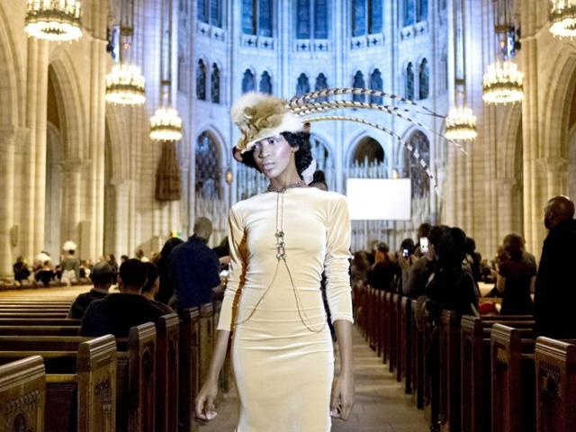 A model walks the runway at the Adrian Alicea fashion show during Mercedes-Benz Fashion Week Fall 2014 at Riverside Church in New York. (AFP) A model walks the runway at the Adrian Alicea fashion show during Mercedes-Benz Fashion Week Fall 2014 at Riverside Church in New York. (AFP)