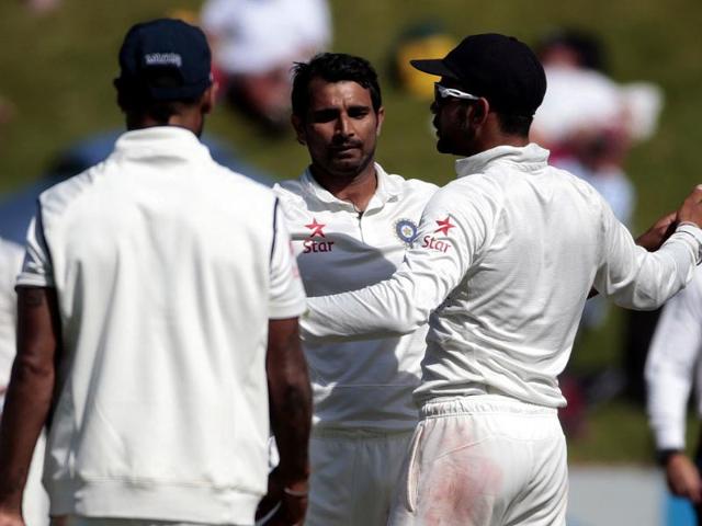 Mohammed Shami celebrates the dismissal of New Zealand's BJ Watling in the second innings on day four of the second Test against India at the Basin Reserve in Wellington. (Reuters Photo)