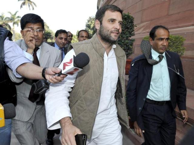 Congress vice-president Rahul Gandhi attends the Parliament session ahead of the passage of Telangana bill in the Lok Sabha.(HT photo/Sonu Mehta)