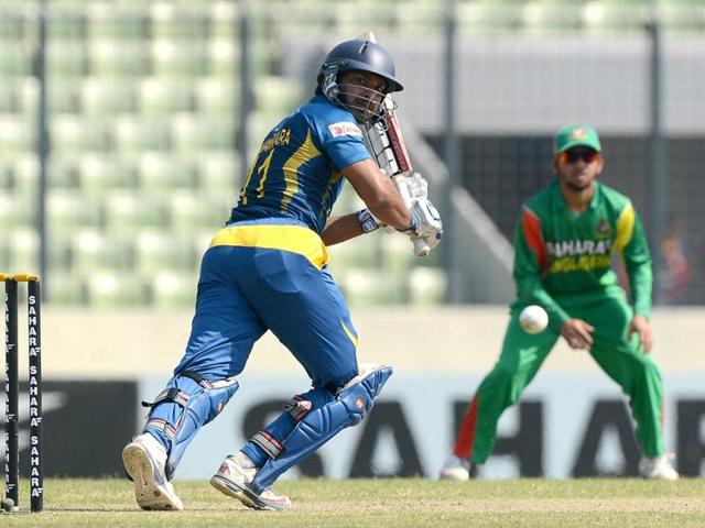 Sri Lankan batsman Kumar Sangakkara (L) plays a shot during the second ODI against Bangladesh at the Sher-e-Bangla National Cricket Stadium in Dhaka. (AFP Photo) Sri Lankan batsman Kumar Sangakkara (L) plays a shot during the second ODI against Bangladesh at the Sher-e-Bangla National Cricket Stadium in Dhaka. (AFP Photo)