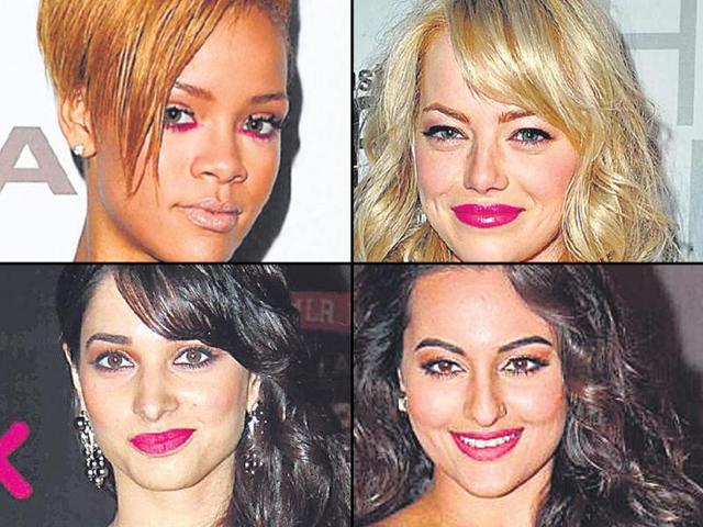 Singer Rihanna goes pop by lining her waterline in this hue, actor Emma Stone goes glossy with her take on this hue, Sonakshi Sinha makes the fuchsia pop and actor Tamannaah Bhatia opts for matte lips in fuchsia (clockwise).